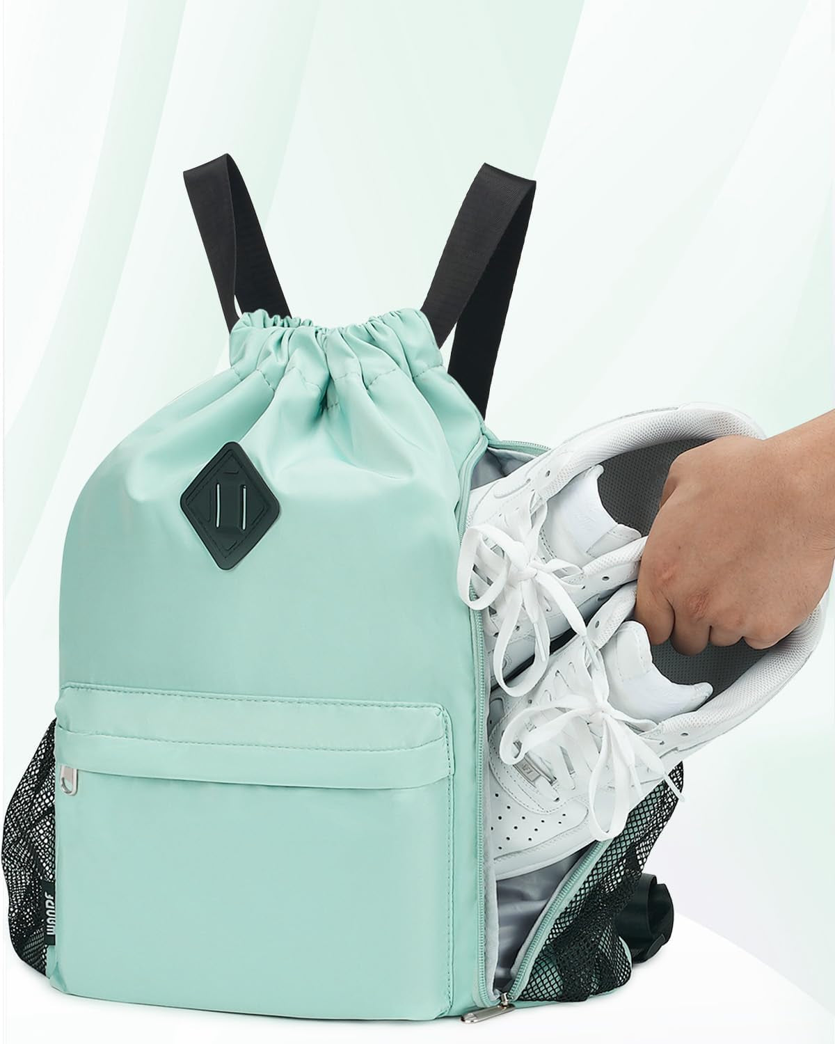 Large Sports Drawstring Backpack Water-Resistant with Independent Shoe Compartment Cinch Bag for Gym Travel Unisex（Mint Green）