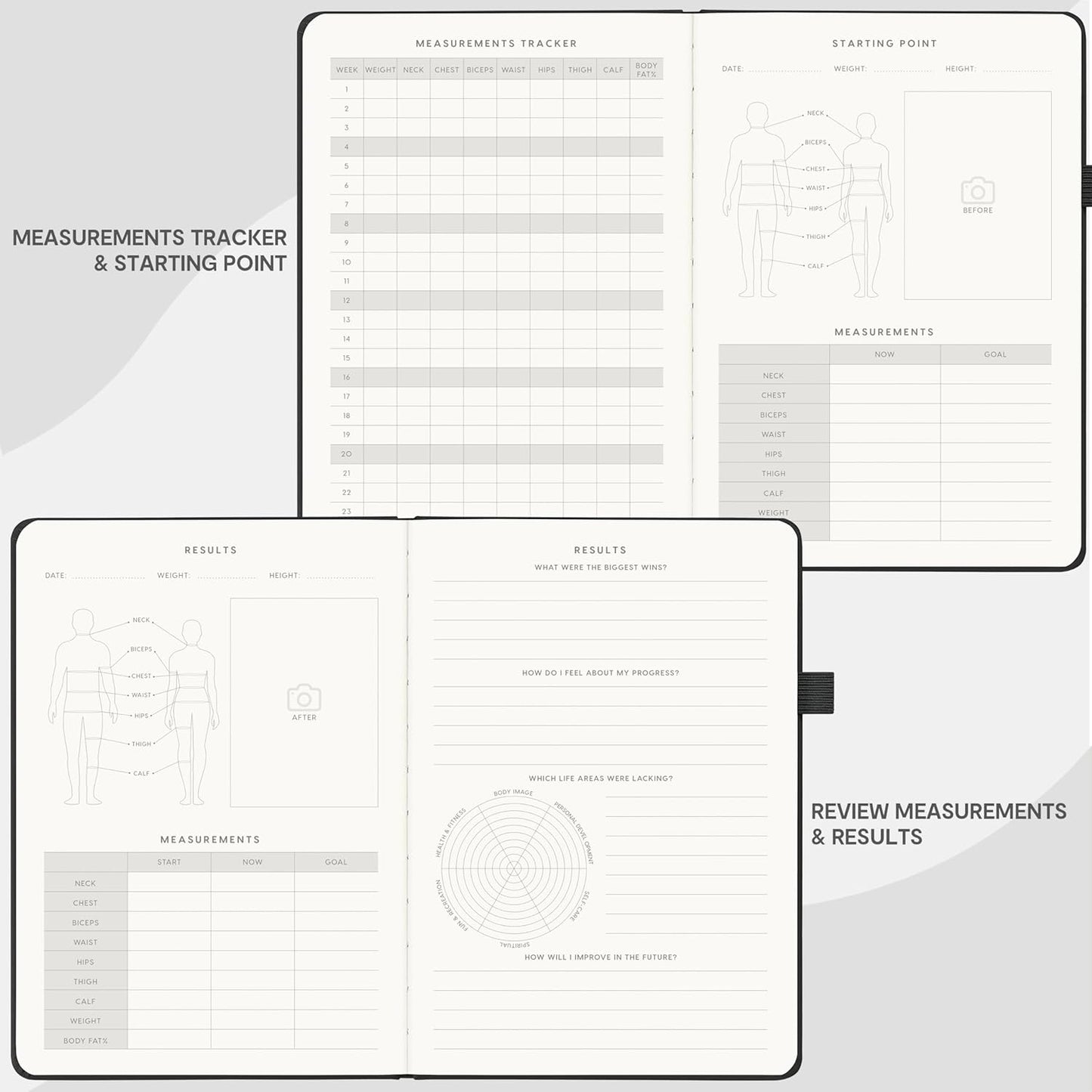 Fitness Journal for Men & Women, Workout Log Book Planner with Daily Diet & Gym Exercise, Trainning Trackers- Undated, A5 Size, Leather Hardcover(Black)