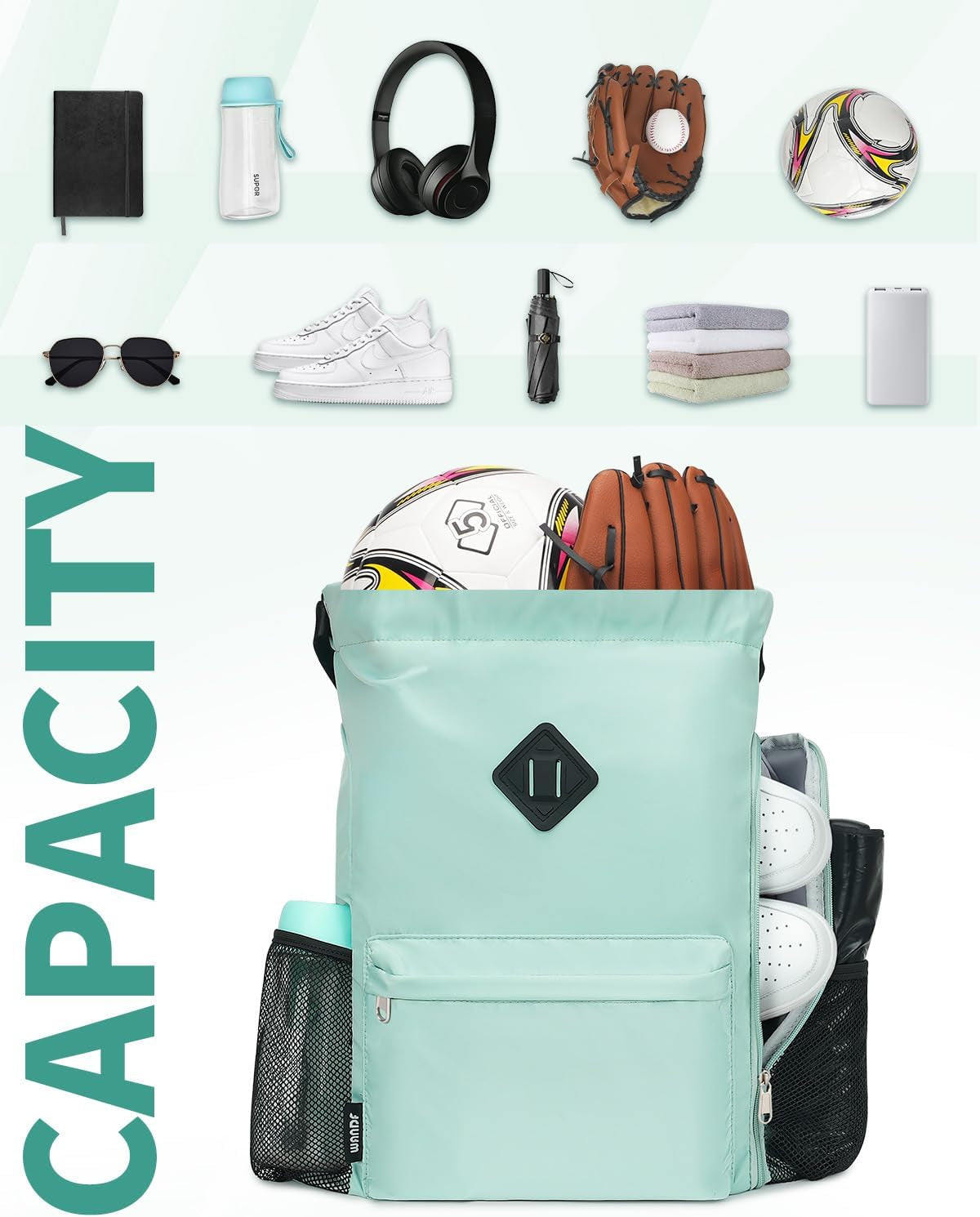 Large Sports Drawstring Backpack Water-Resistant with Independent Shoe Compartment Cinch Bag for Gym Travel Unisex（Mint Green）