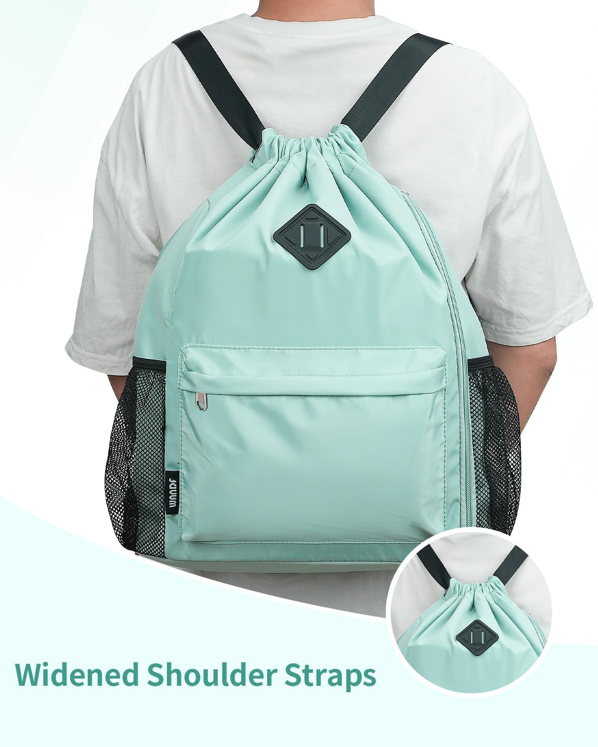 Large Sports Drawstring Backpack Water-Resistant with Independent Shoe Compartment Cinch Bag for Gym Travel Unisex（Mint Green）