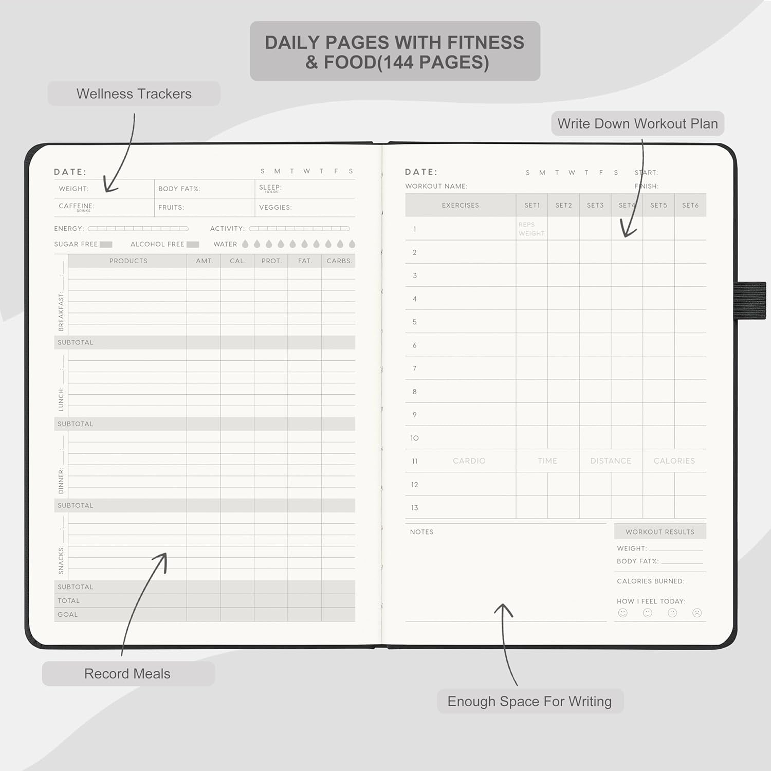Fitness Journal for Men & Women, Workout Log Book Planner with Daily Diet & Gym Exercise, Trainning Trackers- Undated, A5 Size, Leather Hardcover(Black)