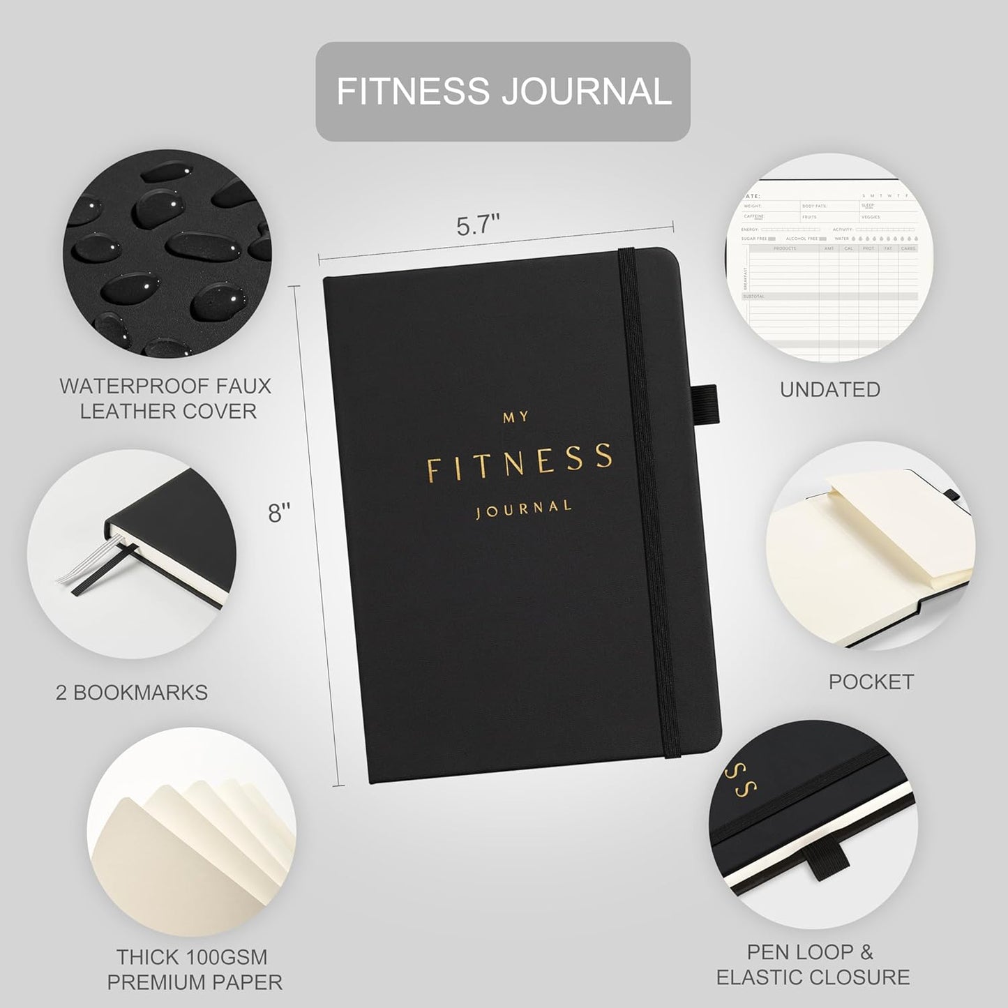 Fitness Journal for Men & Women, Workout Log Book Planner with Daily Diet & Gym Exercise, Trainning Trackers- Undated, A5 Size, Leather Hardcover(Black)