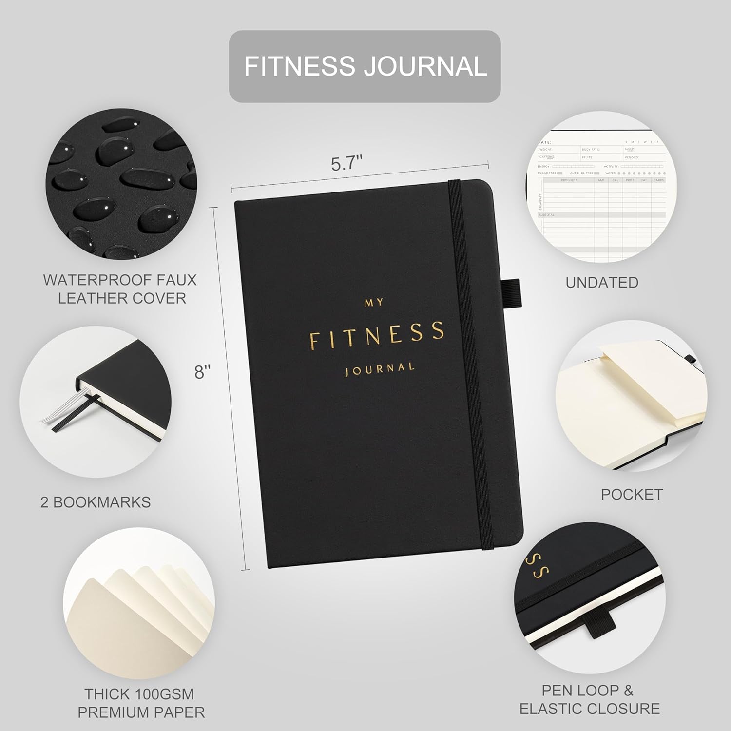 Fitness Journal for Men & Women, Workout Log Book Planner with Daily Diet & Gym Exercise, Trainning Trackers- Undated, A5 Size, Leather Hardcover(Black)