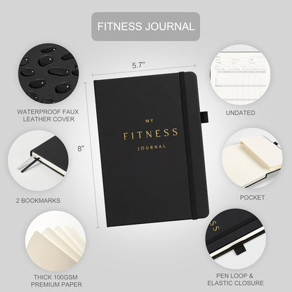 Fitness Journal for Men & Women, Workout Log Book Planner with Daily Diet & Gym Exercise, Trainning Trackers- Undated, A5 Size, Leather Hardcover(Black)