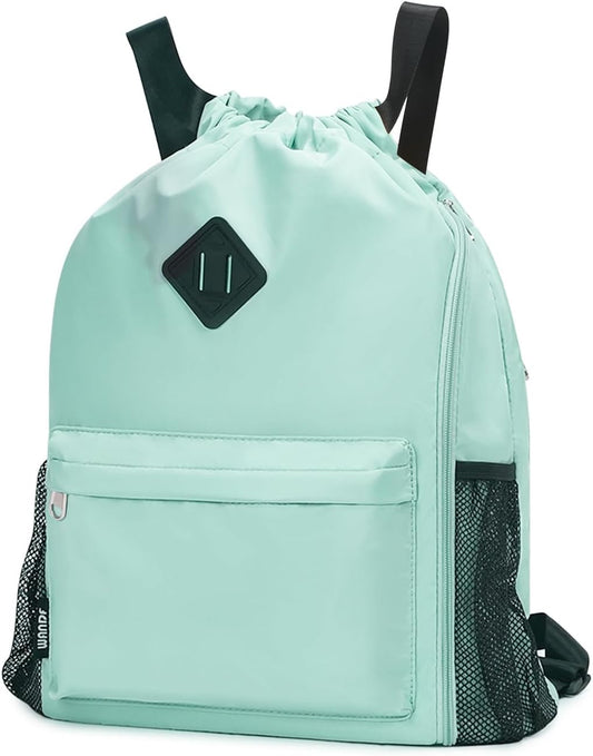 Large Sports Drawstring Backpack Water-Resistant with Independent Shoe Compartment Cinch Bag for Gym Travel Unisex（Mint Green）
