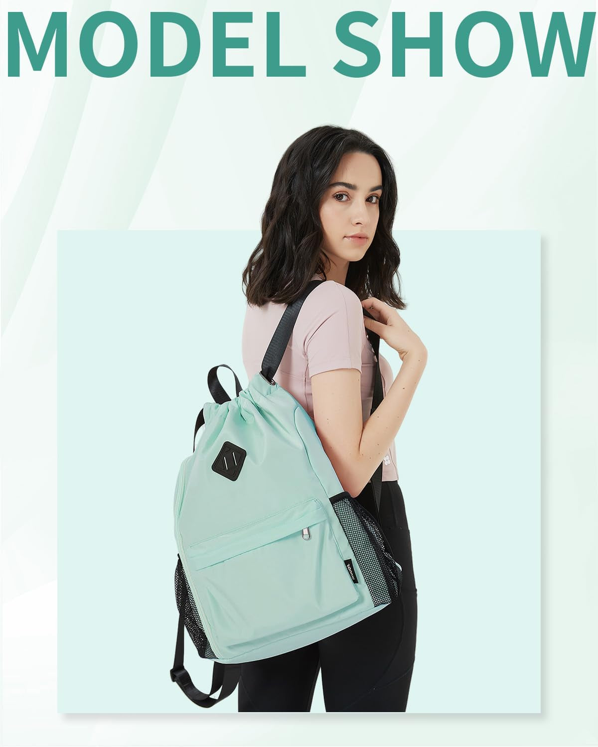 Large Sports Drawstring Backpack Water-Resistant with Independent Shoe Compartment Cinch Bag for Gym Travel Unisex（Mint Green）